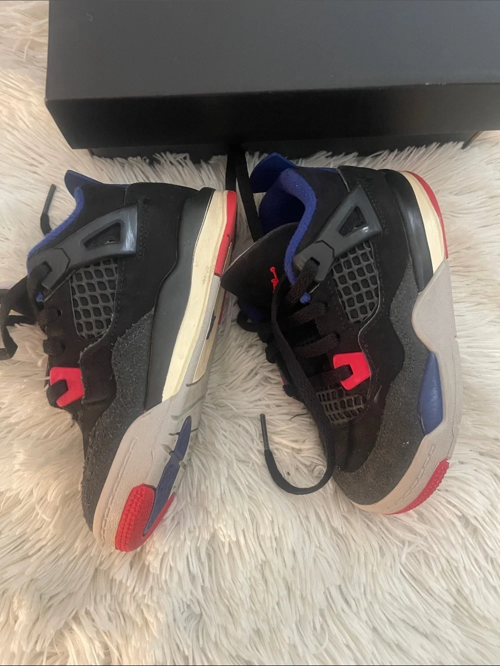 Kids Jordan 4 Retro OG Black/Fire Red-Deep Royal Blue & Red Athletic Sneakers